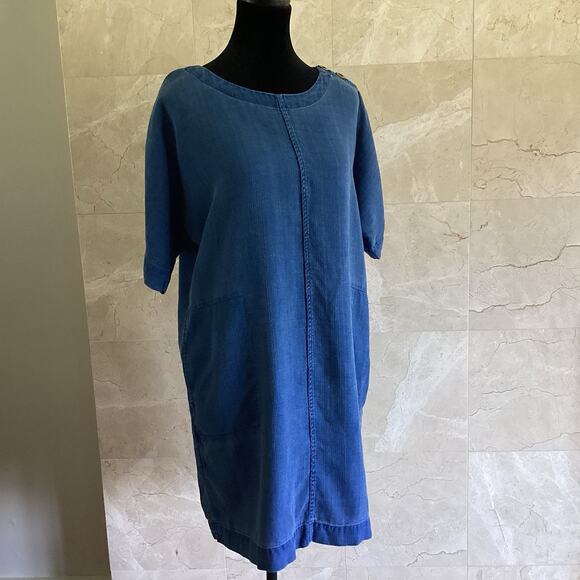 PureJill Indigo Shift Dress SP Denim Chambray Short Sleeve Fall Lagenlook Boxy - Picture 3 of 11